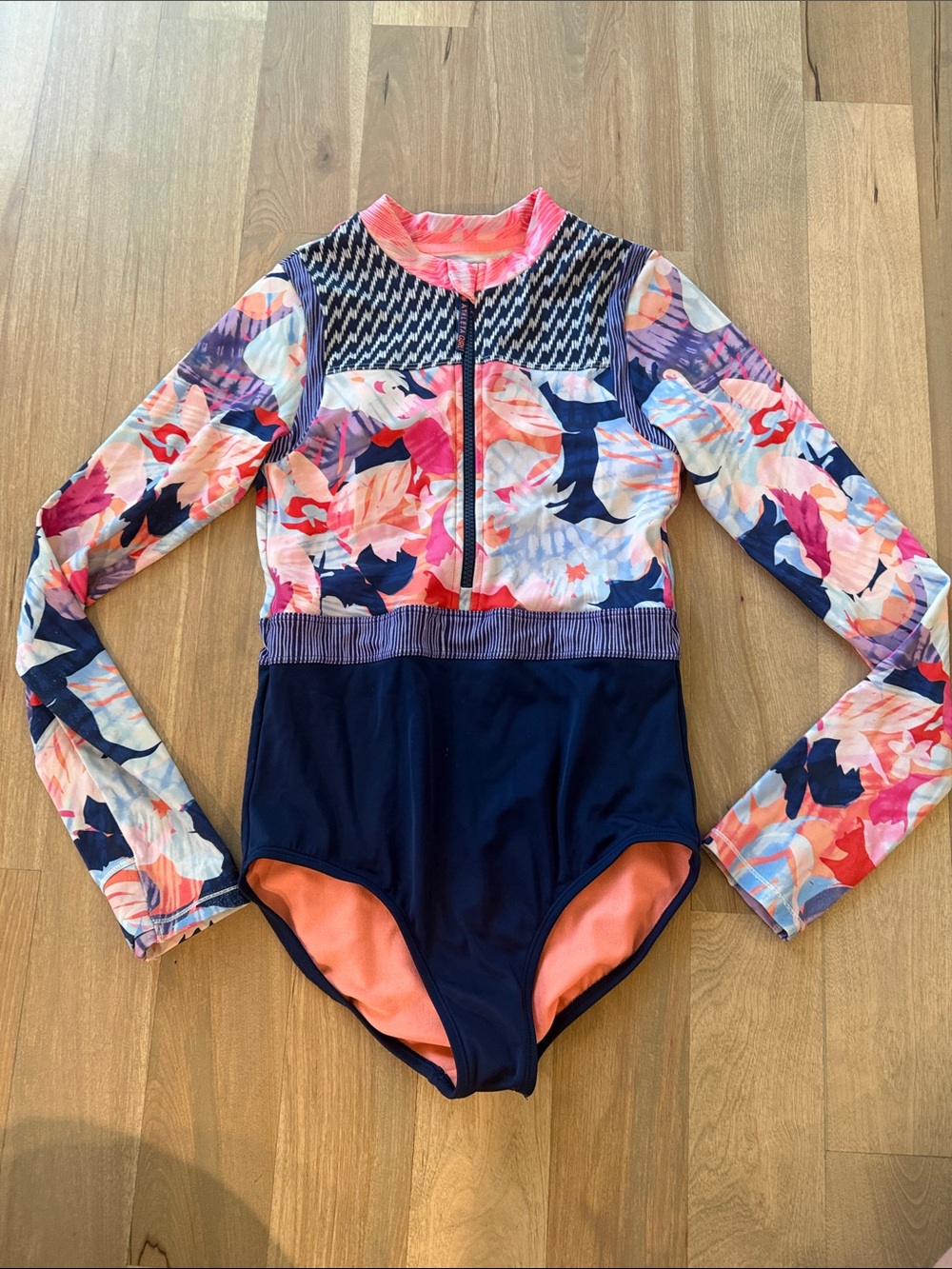 Athleta Floral Long-Sleeve Navy and Coral Kids One-Piece